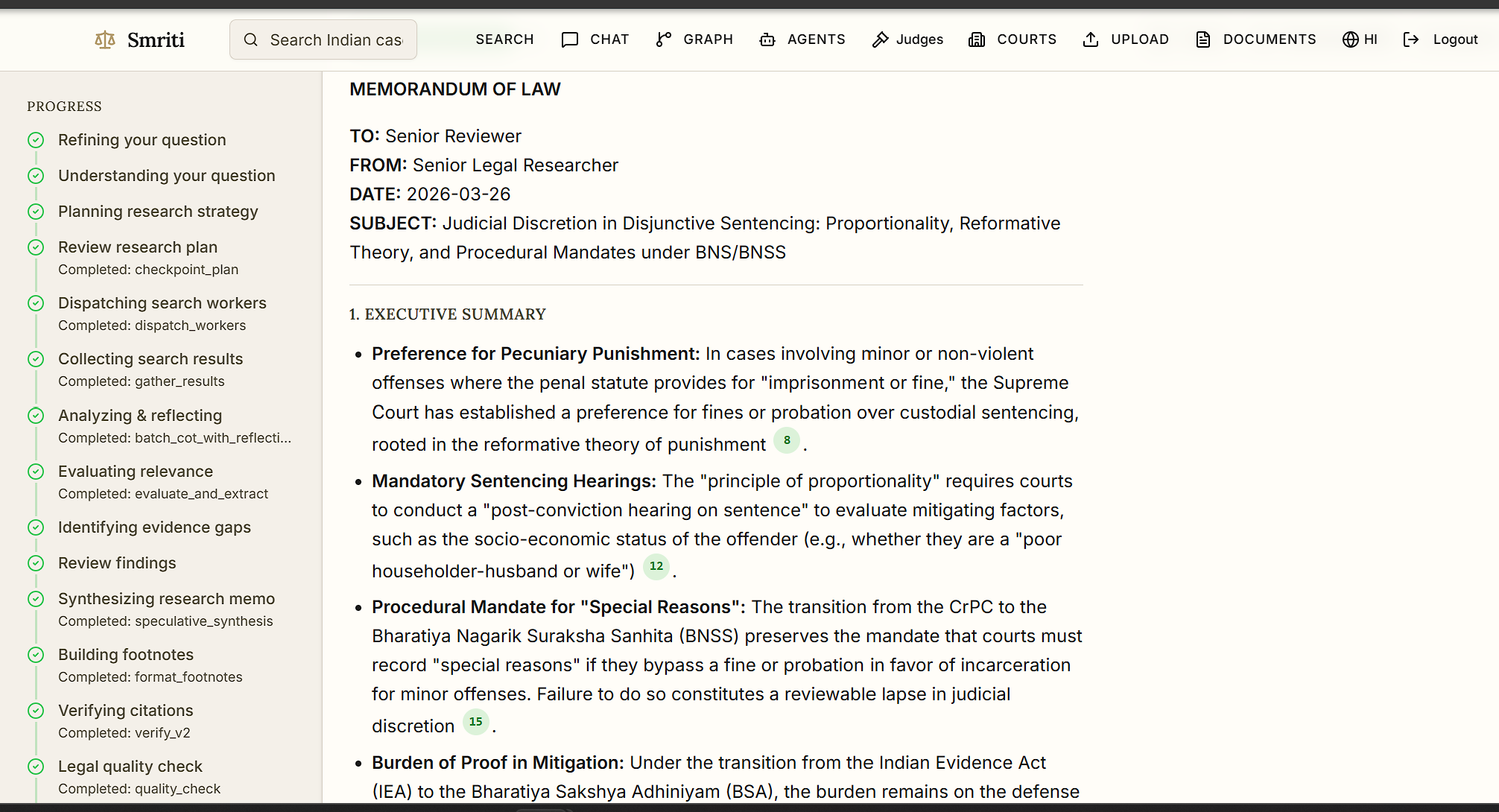 Smriti — AI-powered legal research generating a memorandum of law with cited case law